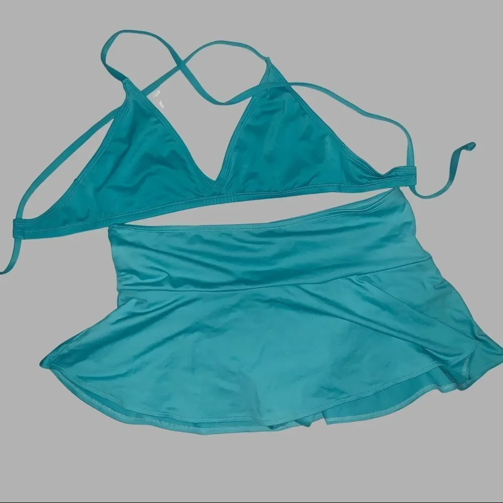 S & M Skirt With Attached Bottom & top Sea Green Solid Pualani Bikini Beachwear - Picture 6 of 12